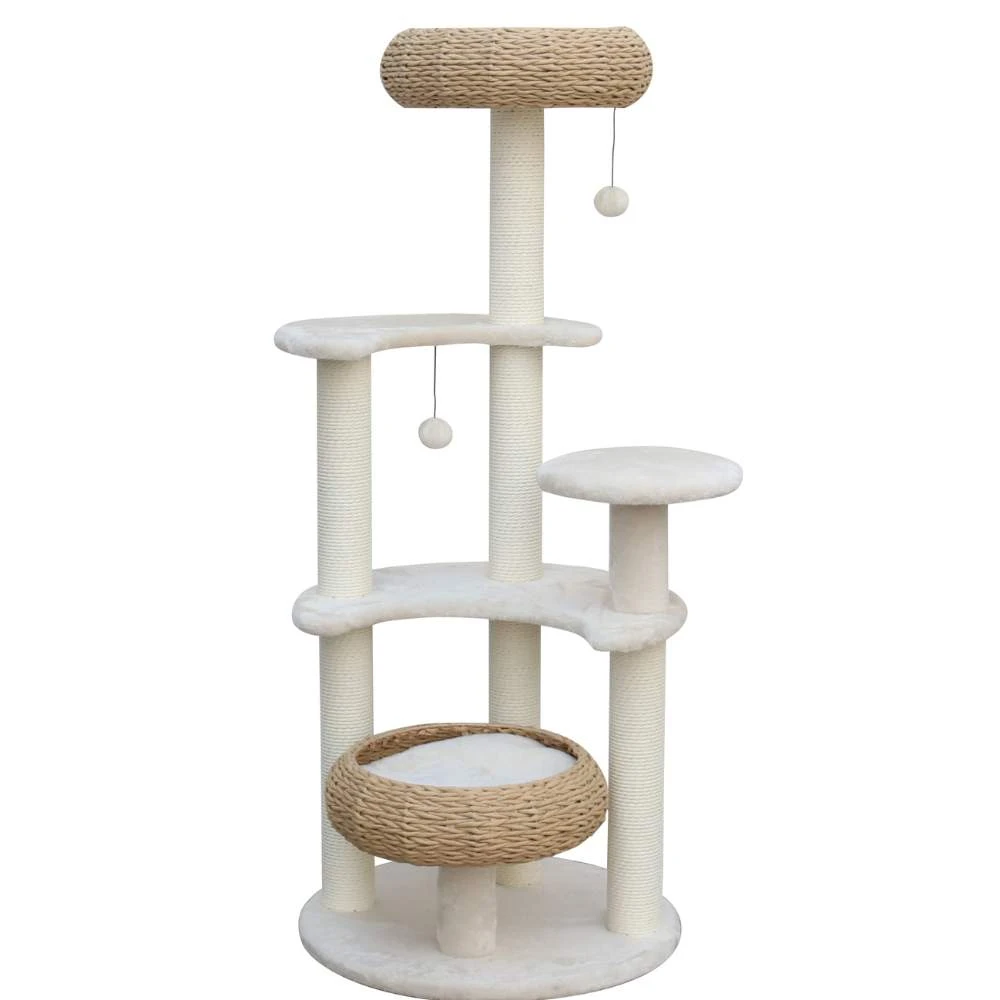 pretty cat collars displayed on plush cat tree platforms
